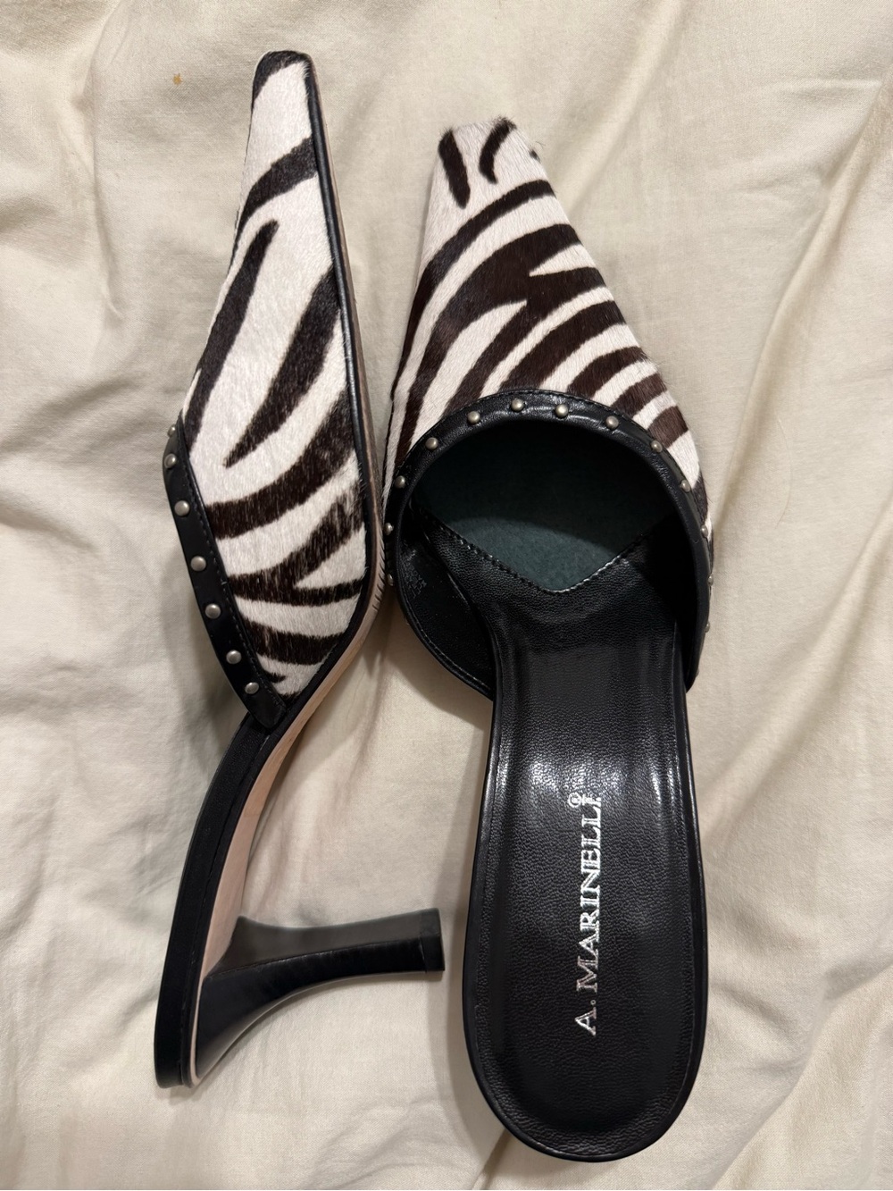 A Marinelli Vintage Calf Hair Animal Print Pointy Toe Mules, 8.5